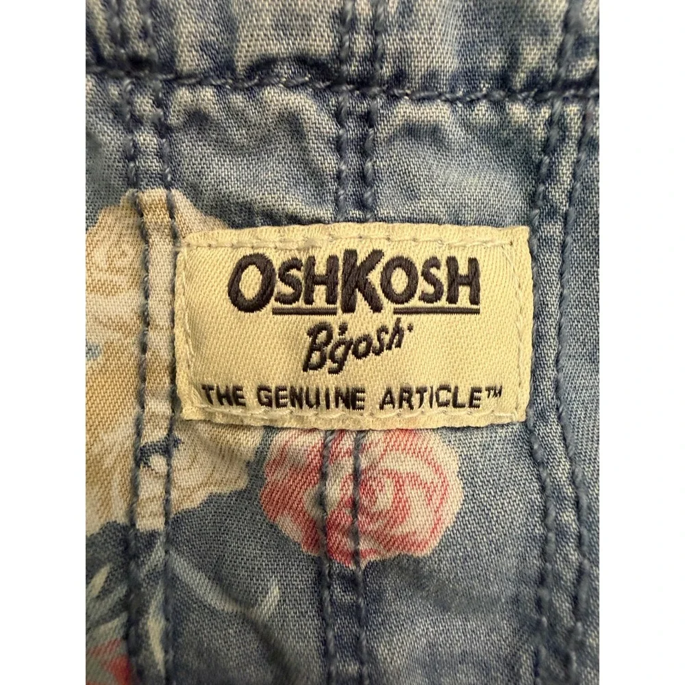 OshKosh B'gosh Denim Overall Dress Toddler 24M Blue Floral Rose Print Bib Jumper